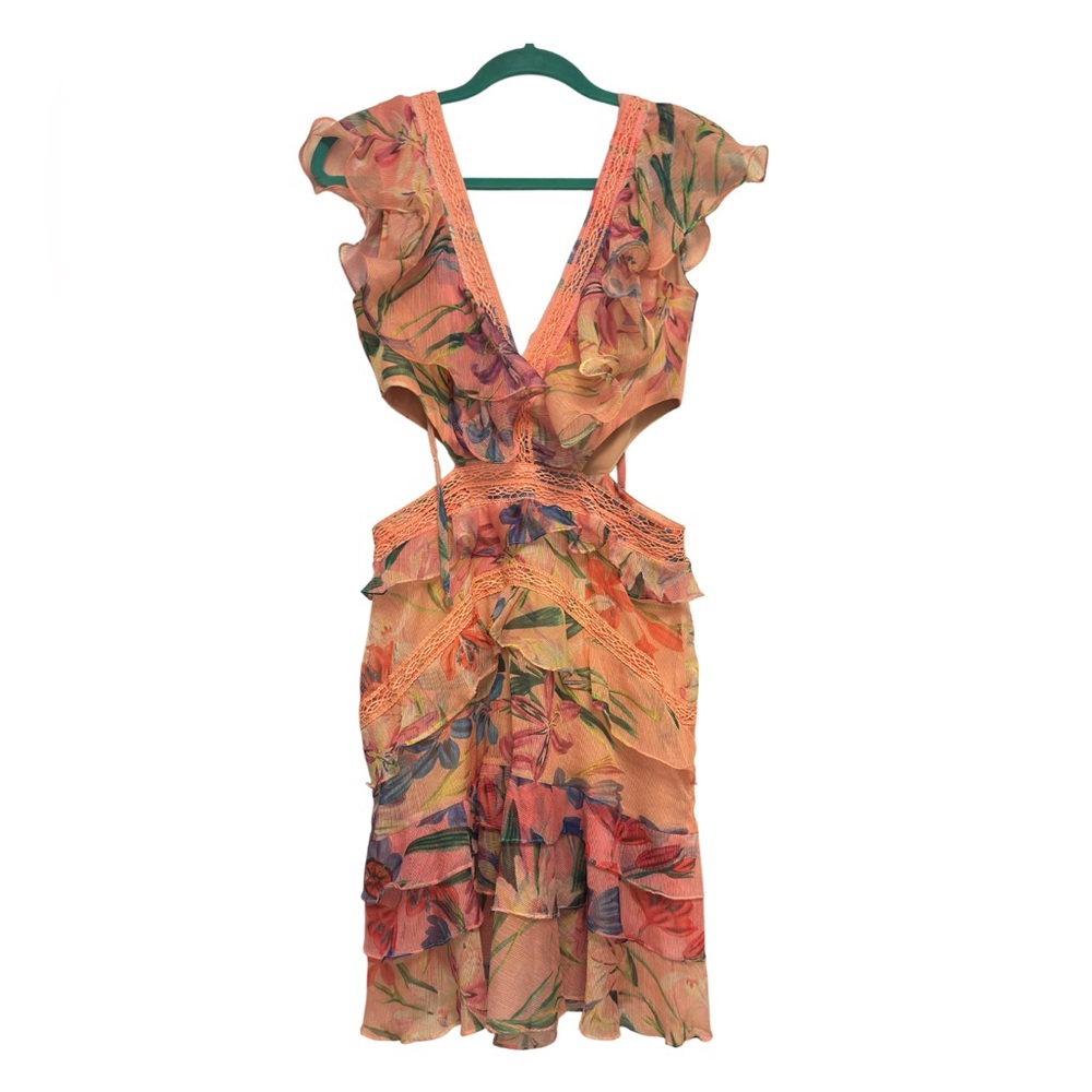 PatBo hibiscus floral ruffle mini dress- cutout detail